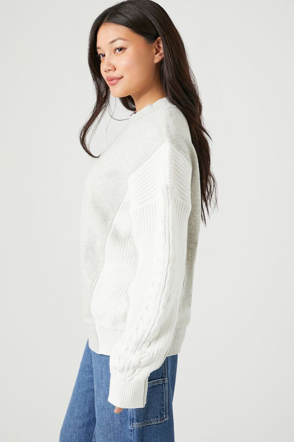 Colorblock Cable Knit-Sleeve Pullover